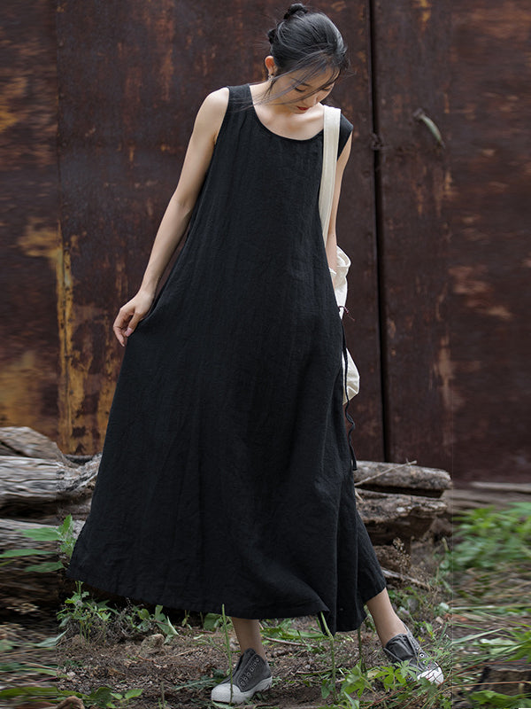 Simple Ramie Sleeveless Lace-up Midi Dress