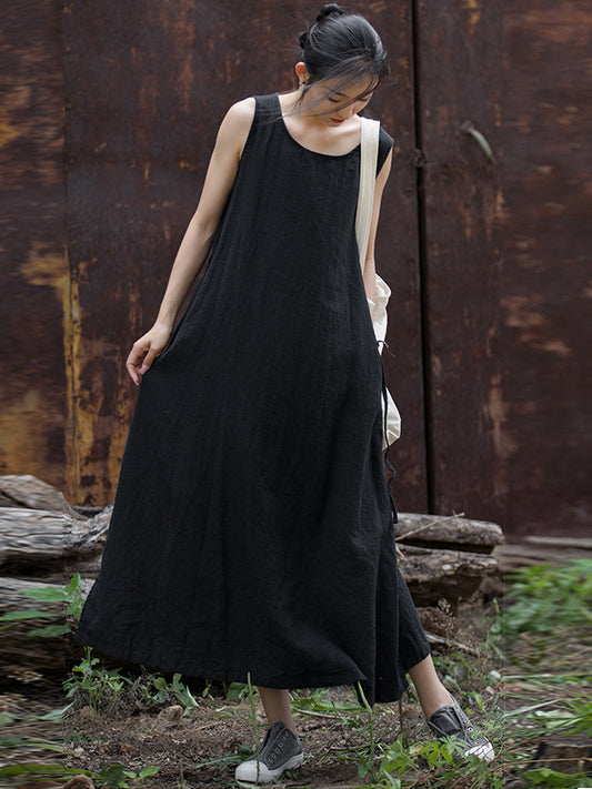 Simple Ramie Sleeveless Lace-up Midi Dress