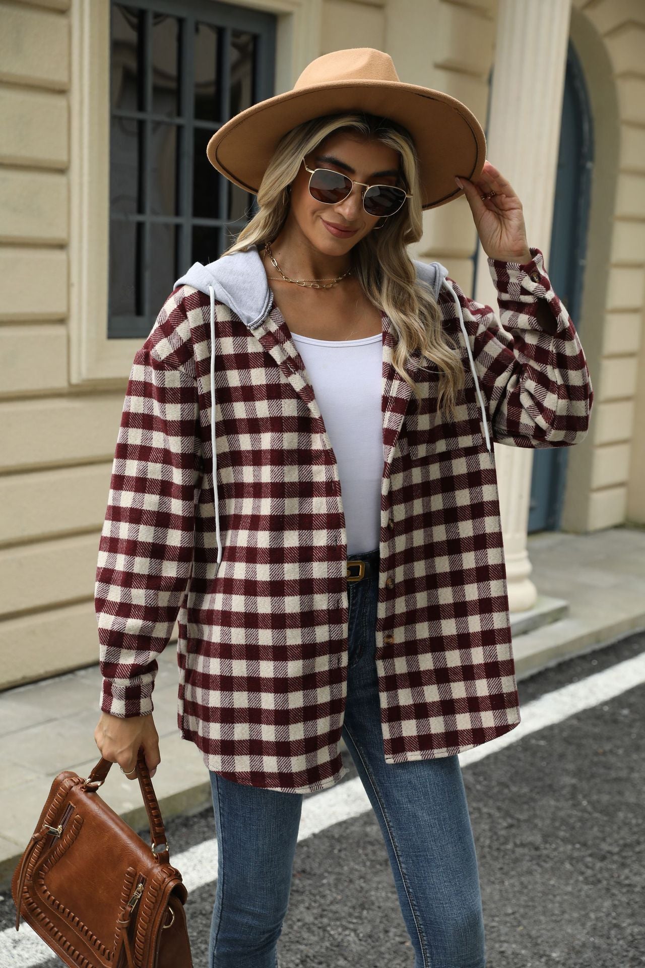 Autumn and Winter new women's hooded Plaid stitching top single-breasted woolen coat