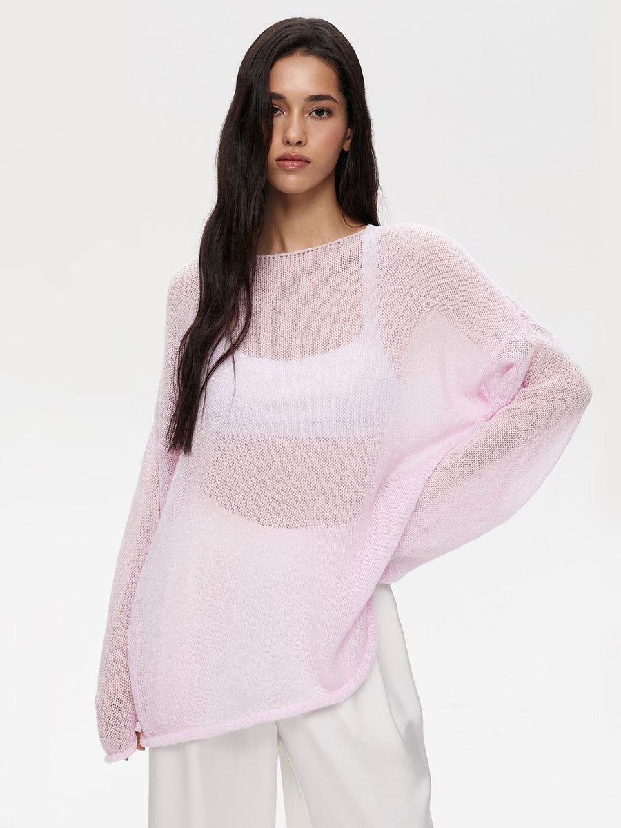 Hollow sweater spring and summer women's see-through thin scoop bell sleeve knitted T-shirt