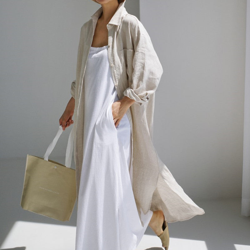 Simple Cotton Linen Long Sleeve Midi Dress