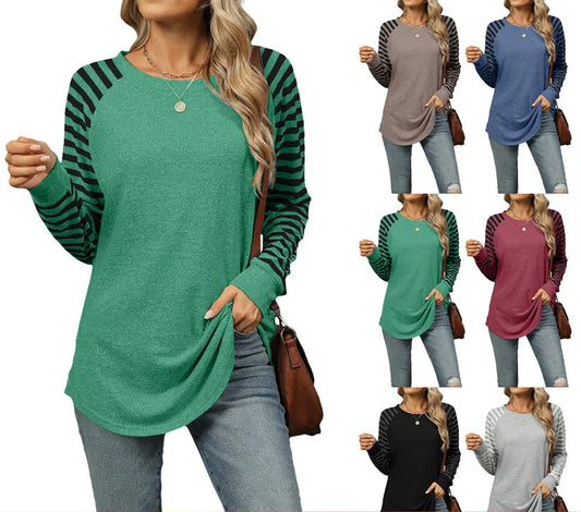 New contrast color striped patchwork round neck long-sleeved T-shirt dovetail top for women