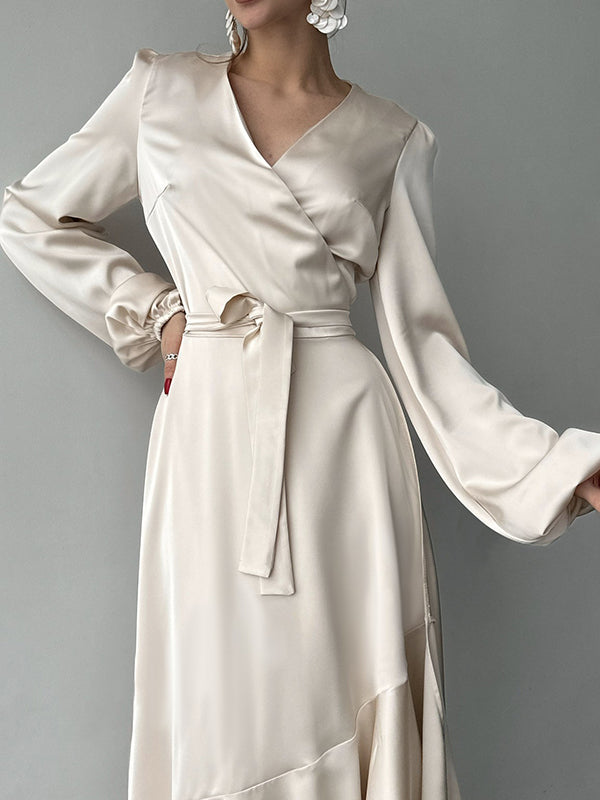 Loose Puff Sleeves Asymmetric Pleated Solid Color Split-Joint Tied Waist V-Neck Maxi Dresses Shirt Dress