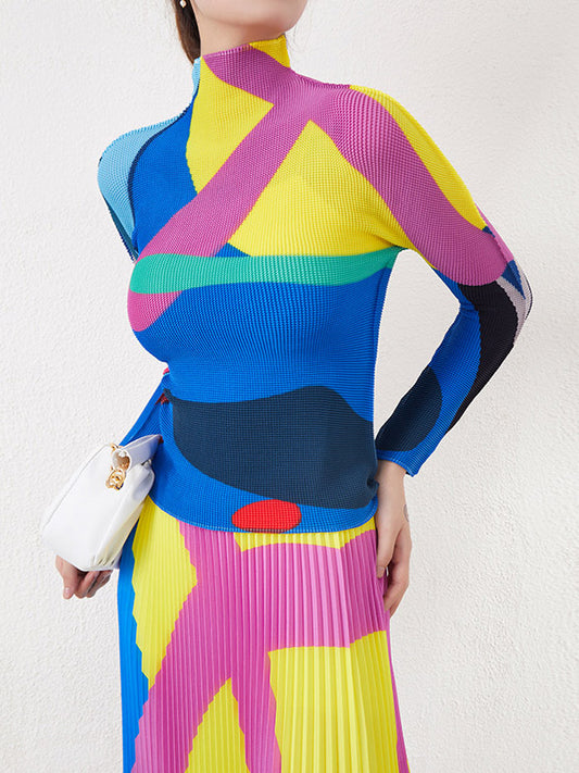 Long Sleeves Contrast Color Pleated Mock Neck T-Shirts Tops