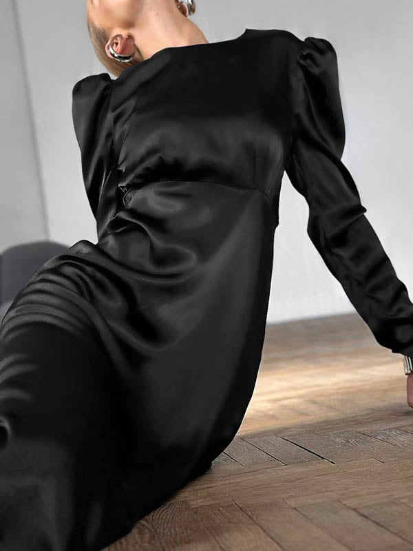 A-Line Long Sleeves Pleated Solid Color Zipper Round-Neck Midi Dresses