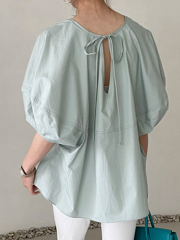 Elegant Round Neck Solid Color Loose Lantern Sleeve Shirt