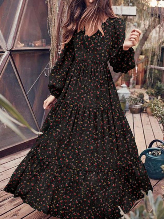 Bohemia Printed Long Sleeve V-Neck Maxi Dress