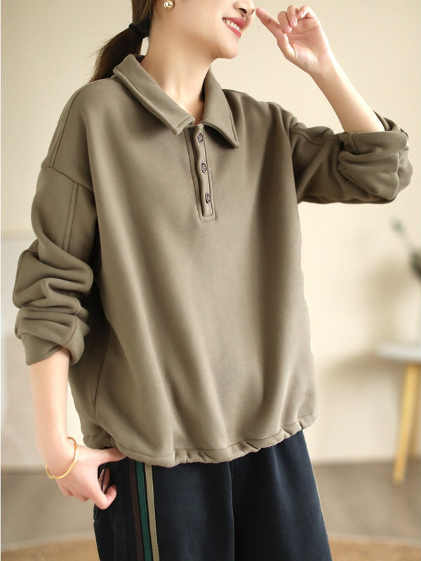 Literary Solid Color Cotton Long Sleeve Sweatshirt