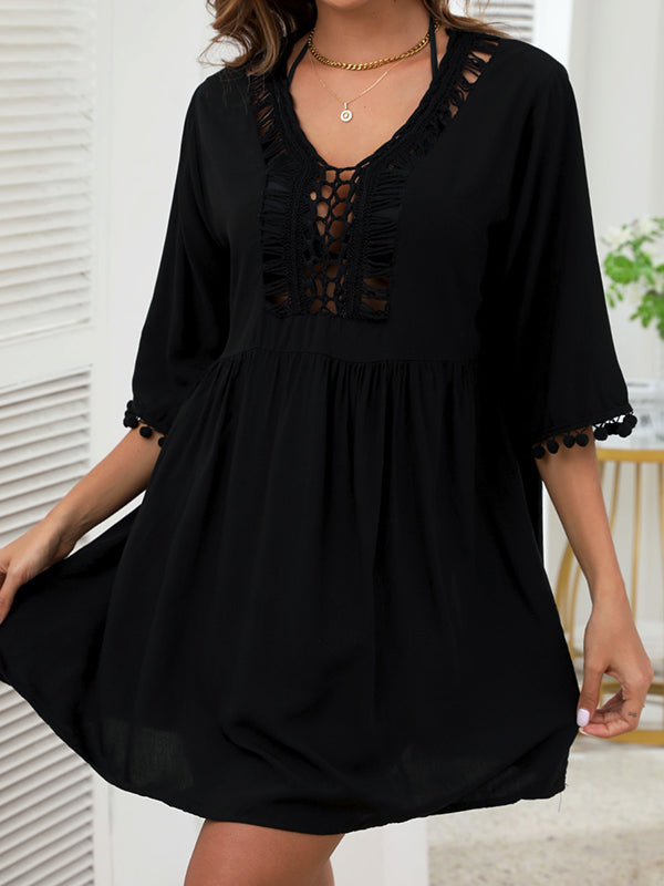 Half Sleeves Loose Hollow Solid Color Tasseled V-Neck Cover-Up Mini Dresses