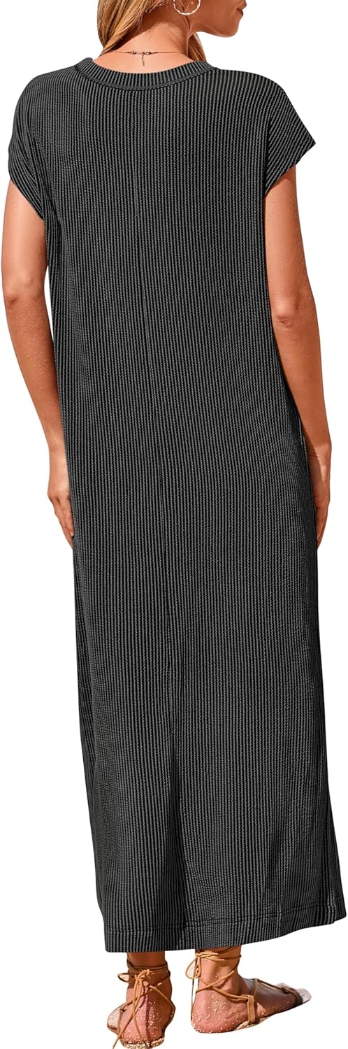 Women's  Ribbed Knit Henley Button Up Maxi Dress (Buy 2 Free Shipping)