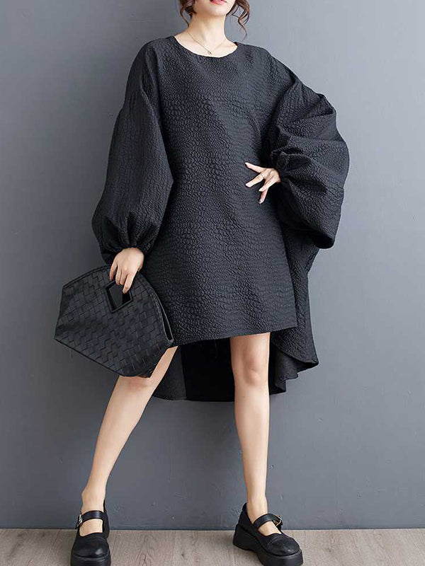 High-Low Long Sleeves Elasticity Solid Color Split-Joint Round-Neck Midi Dresses