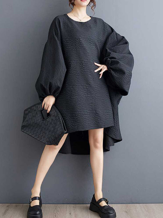 High-Low Long Sleeves Elasticity Solid Color Split-Joint Round-Neck Midi Dresses