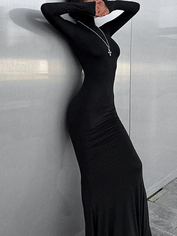 Bodycon Long Sleeves Solid Color Split-Joint High Neck Maxi Dresses