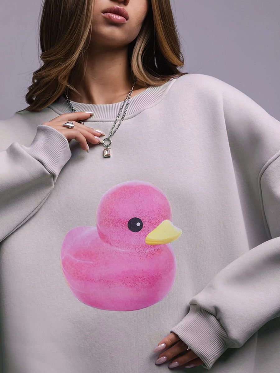 Duck pattern round neck sweater women's simple casual loose printed sweater