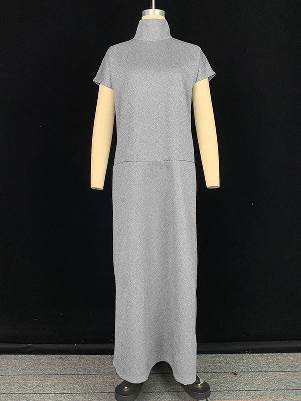 Loose Short Sleeves Solid Color Split-Joint High Neck Maxi Dresses