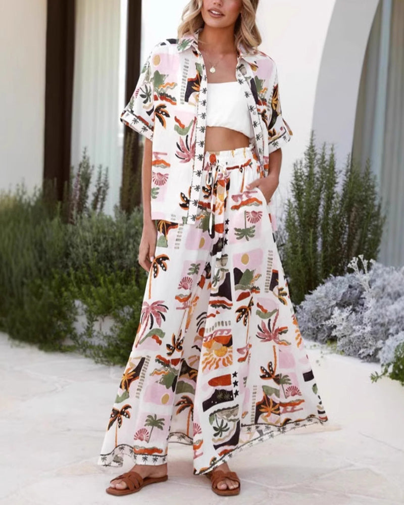 Holiday Print Short Sleeve Shirt Trousers Suit