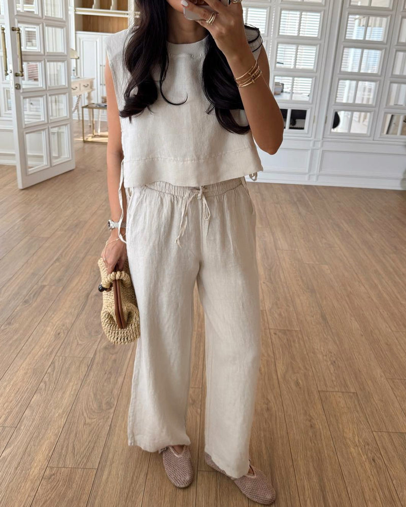 Casual Round Neck Lace-Up Sleeveless Top & Pants Two-Piece Set