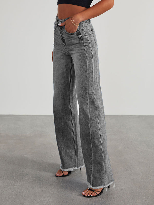 High Waisted Wide Leg Split-Joint Tasseled Jean Pants Bottoms