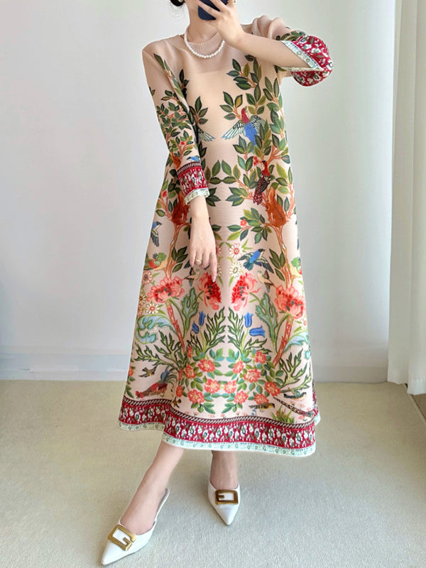 A-Line Loose Flower Print Pleated Round-Neck Midi Dresses