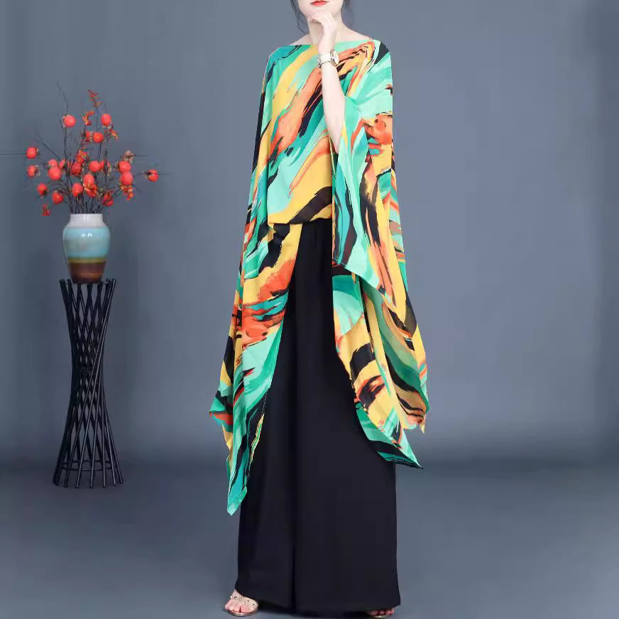 Loose Irregular Flowy Colorful Bat Sleeve Shawl Top