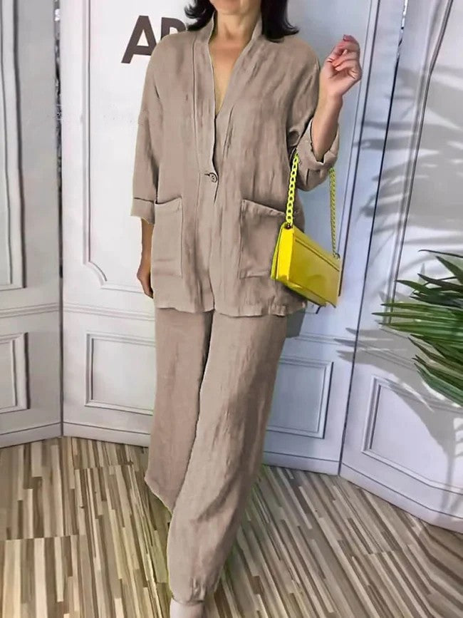 Solid Color V-Neck Top Two-Piece Pants Set