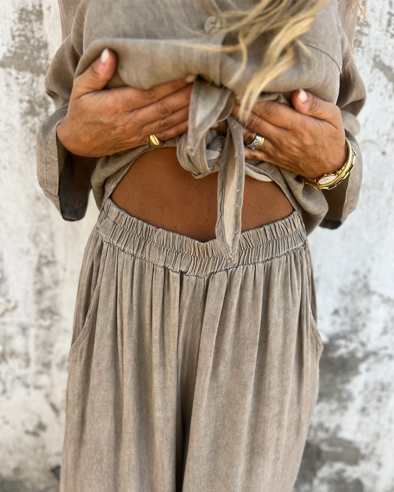 Casual Solid Shirt & Wide Leg Two-Piece Set