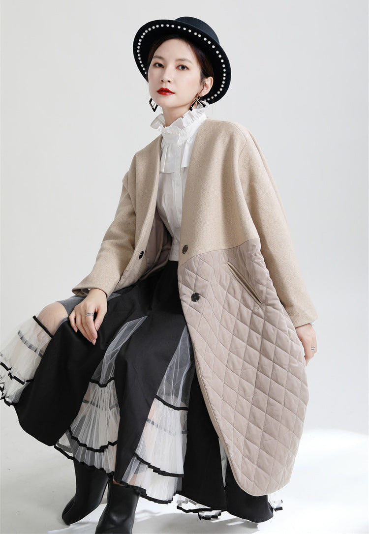 Niche Design Splicing V-Neck Cotton Coat