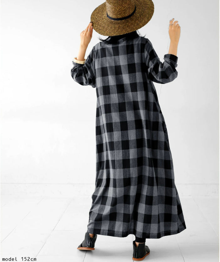 Vintage Plaid Long Sleeve Maxi Dress