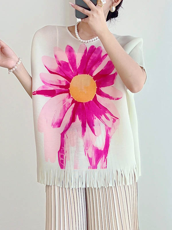 Batwing Sleeves Loose Flower Print Pleated Tasseled Round-Neck T-Shirts Tops