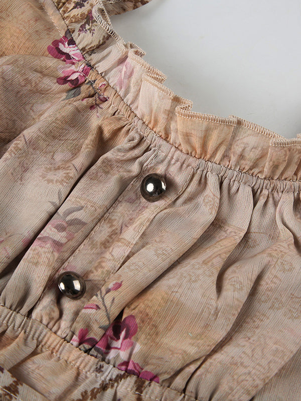 Loose Sleeveless Buttoned Contrast Color Flower Print Tied Spaghetti-Neck Vest Top