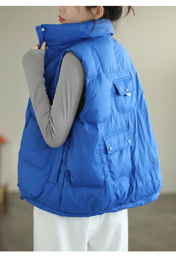 Literary Solid Color Stand Collar  Down Vest Coat
