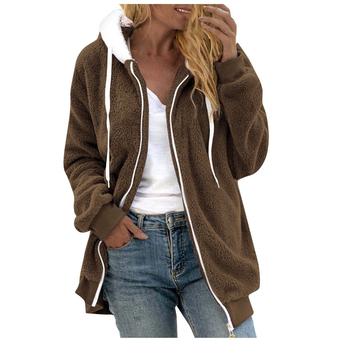 Women Fleece Hoodie Sweatshirt Plus Size Fashion Zipper V-Neck Pullover Tops Long Sleeve Hooded Blouse Sweatshirt Winter Warm Outwear S-5XL