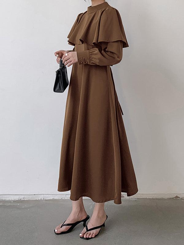 A-Line Long Sleeves Ruffle Trim Solid Color Tied Waist Mock Neck Midi Dresses