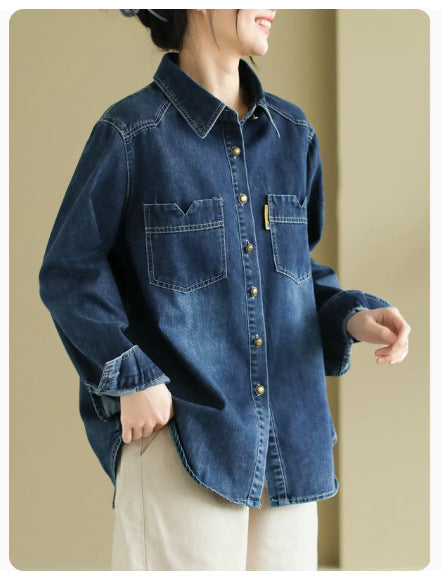 Retro Denim Lapel Long Sleeve Shirt