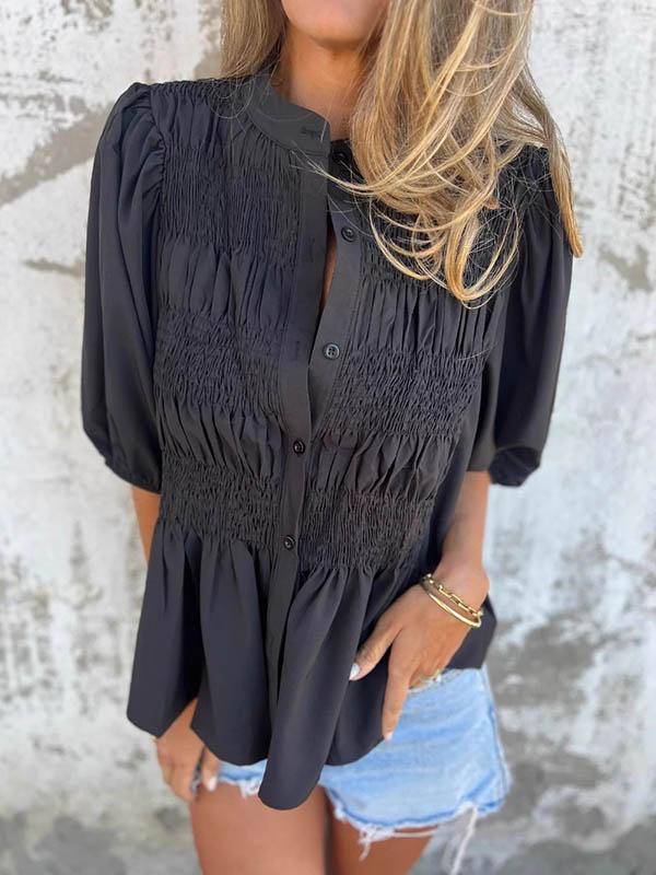 Loose Plus Size Elasticity Pleated Solid Color Round-Neck Blouses&Shirts Tops