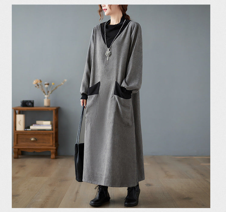 Literary Splicing Knit High Collar Midi Dress