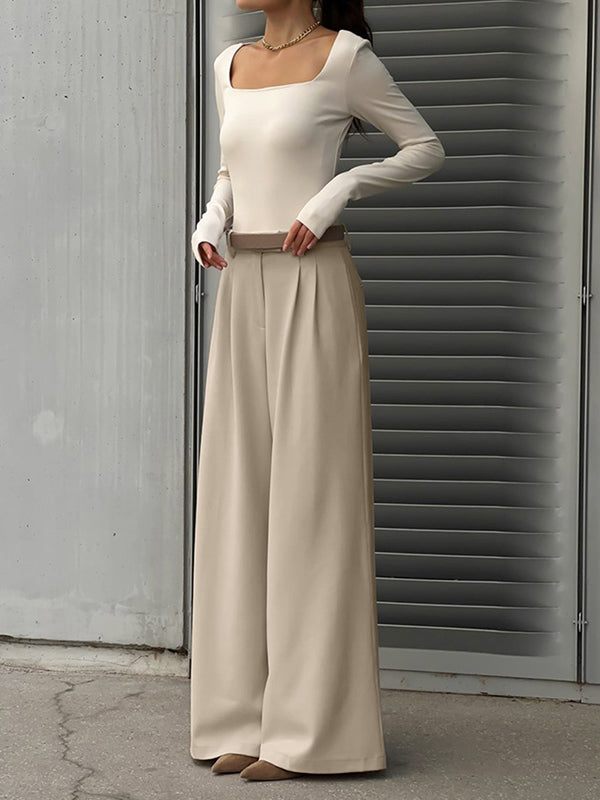 High Waisted Loose Pleated Pockets Solid Color Suit Pants Trousers