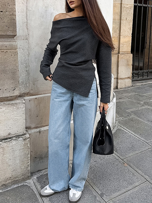 Long Sleeves Loose Solid Color Split-Side One-Shoulder T-Shirts Tops
