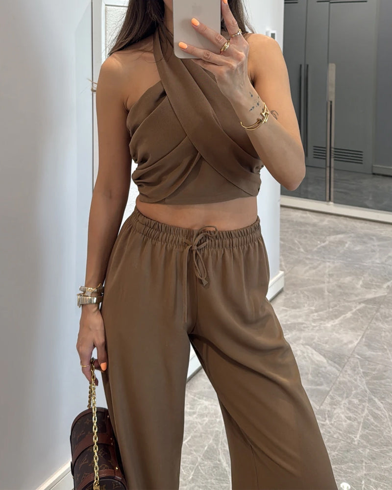 Casual Solid Color Lace-Up Top & Pants Two-Piece Set