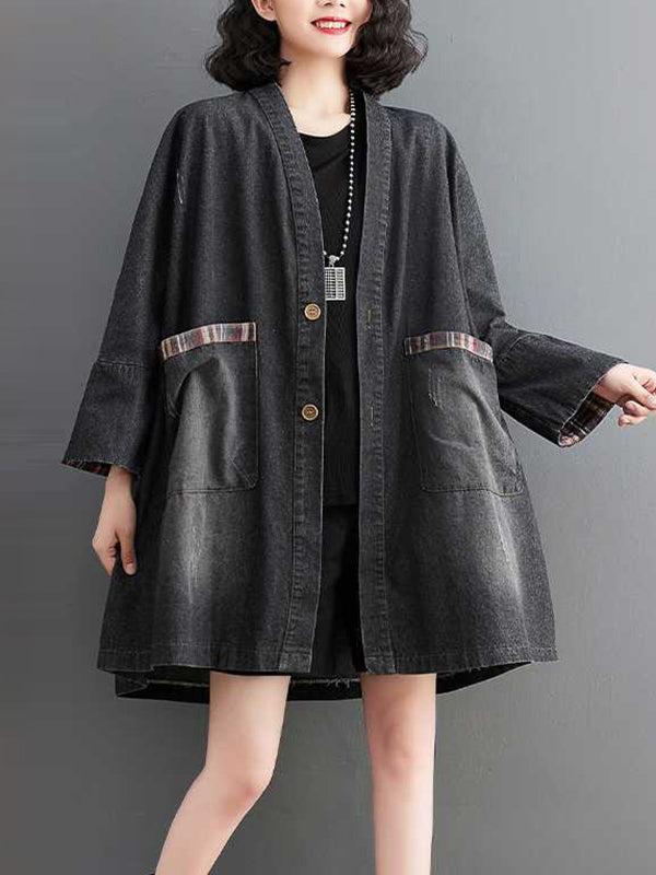 Long Sleeves Loose Buttoned Plaid Pockets Split-Joint V-Neck Denim Outerwear