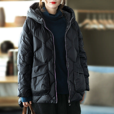 Loose Splicing Hooded Long Sleeve Thickened Down Jacket