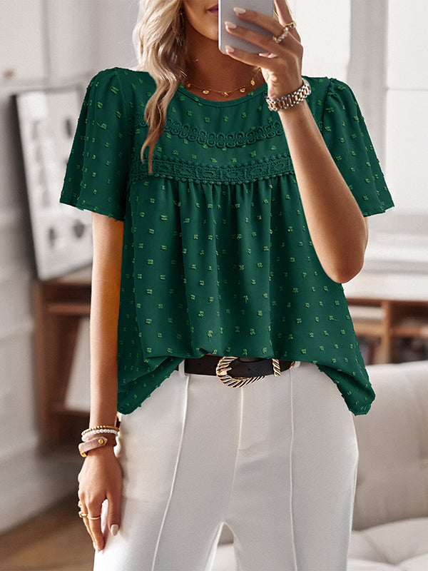 Loose Short Sleeves Hollow Jacquard Pleated Solid Color Split-Joint Round-Neck T-Shirts Tops