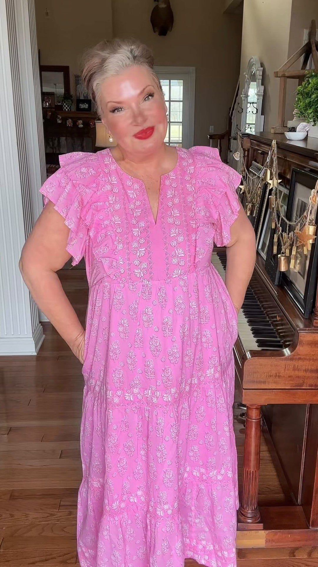 🌷PinkLaura 2025 Women's Slit Neck Printed Ruffle Dress (Buy 2 Free Shipping)