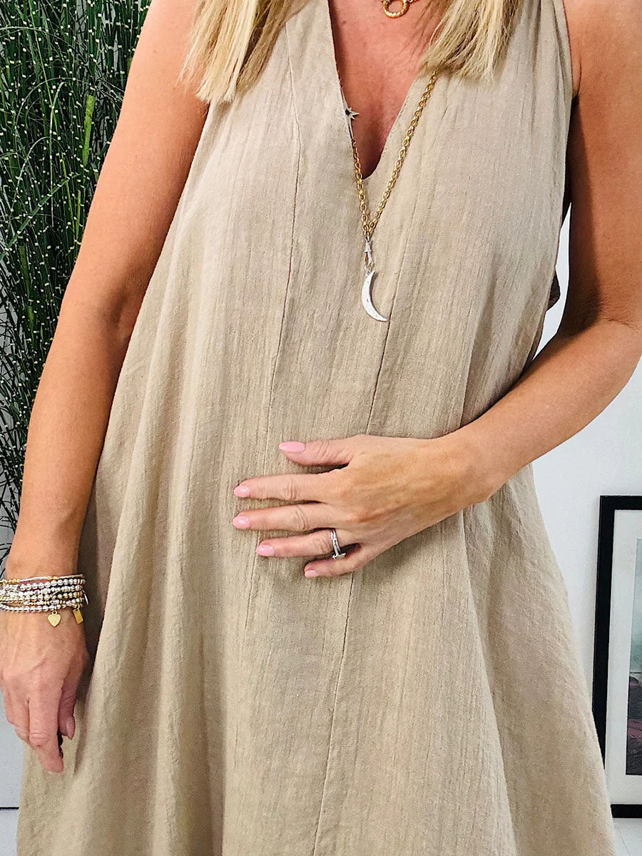 V-neck cotton and linen sleeveless dress