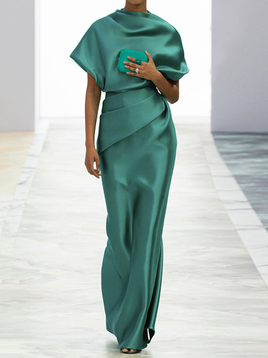 Loose Short Sleeves Pleated Solid Color Maxi Dresses