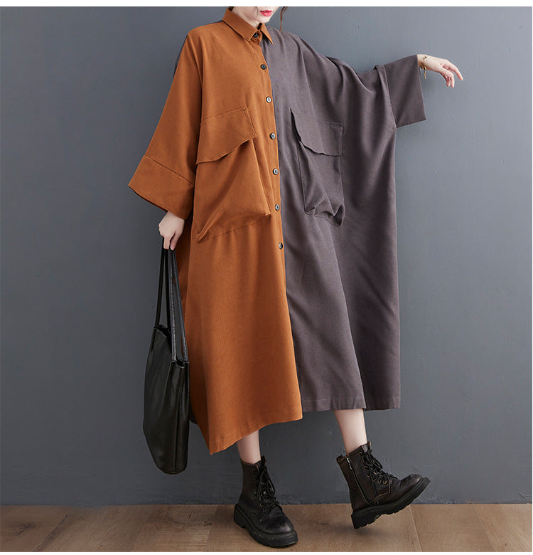 Loose Color Blocking Long Sleeve Midi Dress