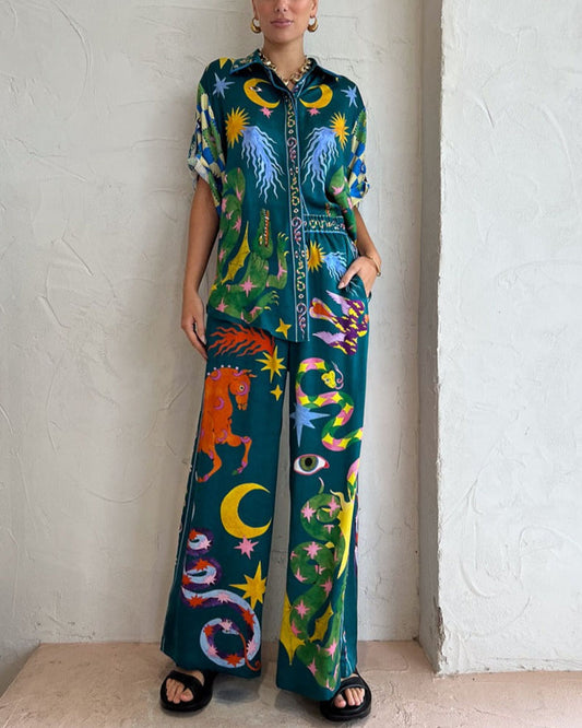 Fashion Art Graffiti Print Casual Two-piece Set