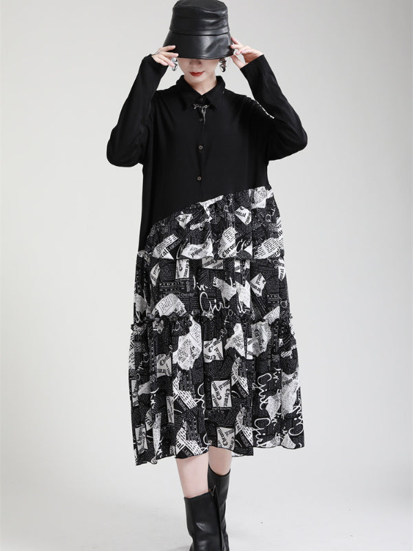 Irregular Splicing Long Sleeve Midi Dress