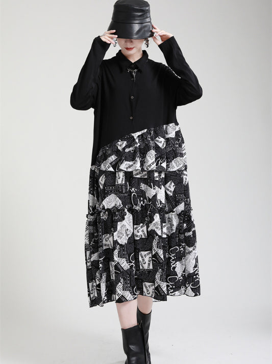 Irregular Splicing Long Sleeve Midi Dress