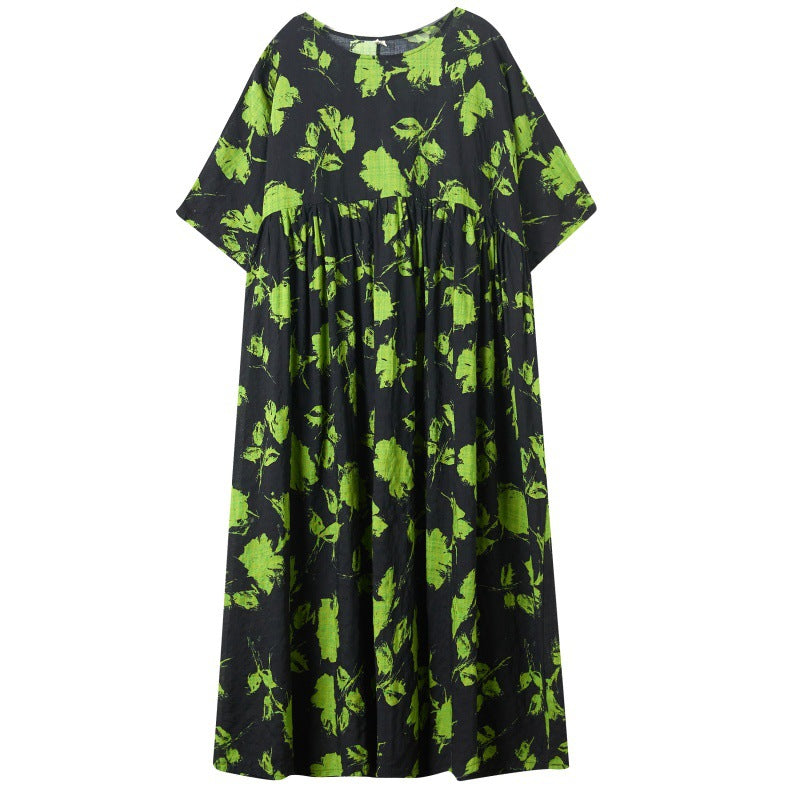 Bohemian Print Short Sleeve Round Neck Midi Dress